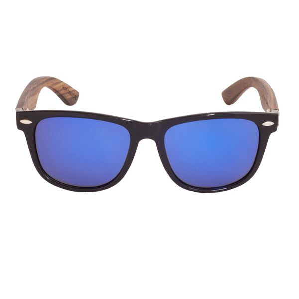 Ebony Wood Wayfarer Style Sunglasses (Black with Blue REVO Lens)