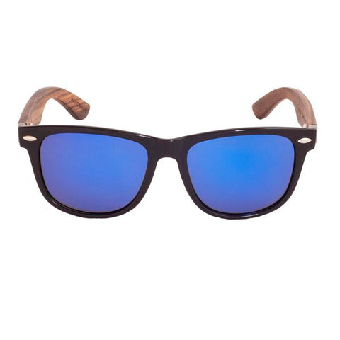 Zebra Wood Wayfarer Style Sunglasses (Grey with Silver REVO Lens)