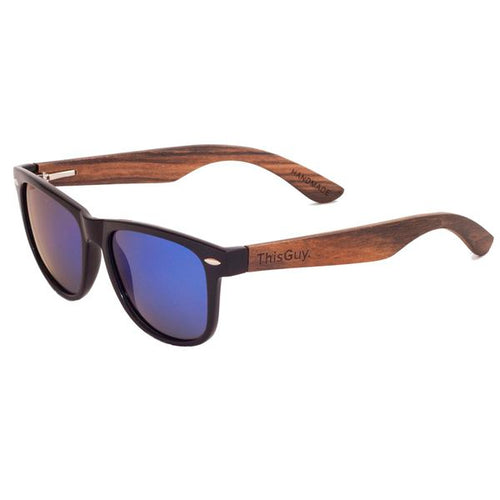 Ebony Wood Wayfarer Style Sunglasses (Black with Blue REVO Lens)