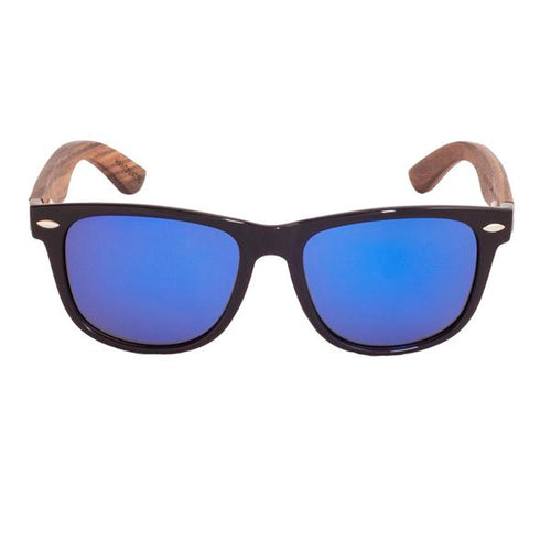 Ebony Wood Wayfarer Style Sunglasses (Black with Blue REVO Lens)