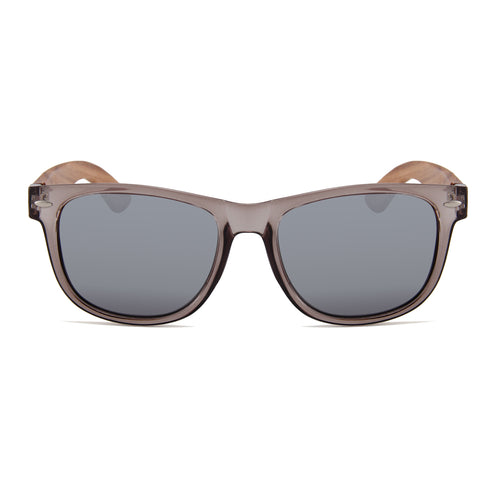 Zebra Wood Wayfarer Style Sunglasses (Grey with Silver REVO Lens)
